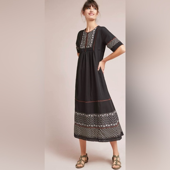 DRA Los Angeles Nash Patterned Lined Maxi Peasant Dress In Black Size XS - Picture 1 of 15